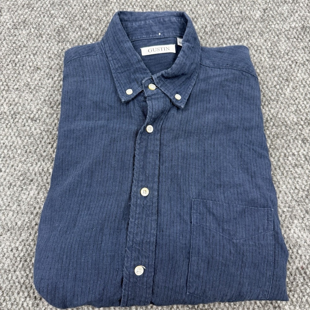 Gustin Oxford Shirt Men's Large Classic Blue Linen Blend USA Made Button Down